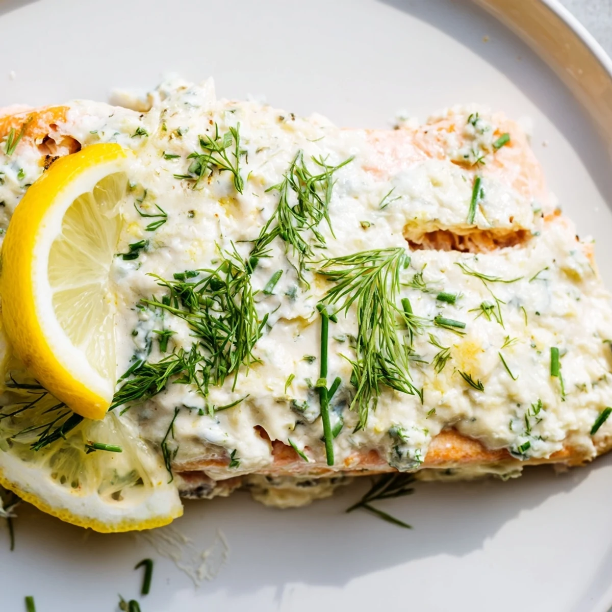 Creamy Boursin salmon fillets baked until flaky with bubbling cheese and chive garnish