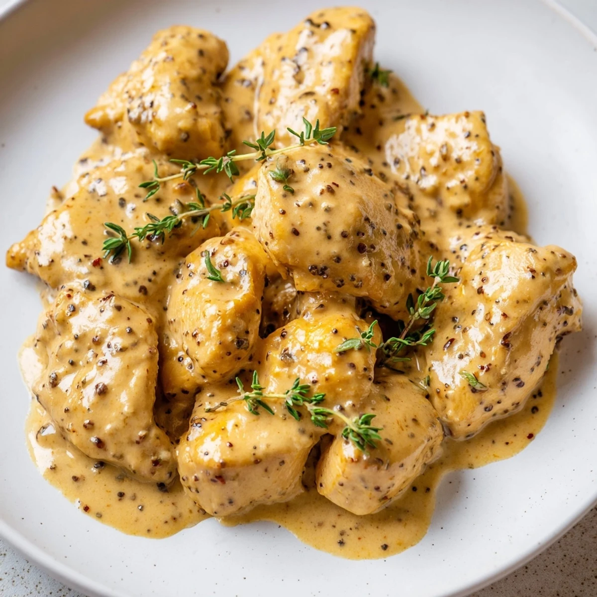 Golden seared chicken breasts draped in creamy Dijon mustard sauce with fresh parsley garnish