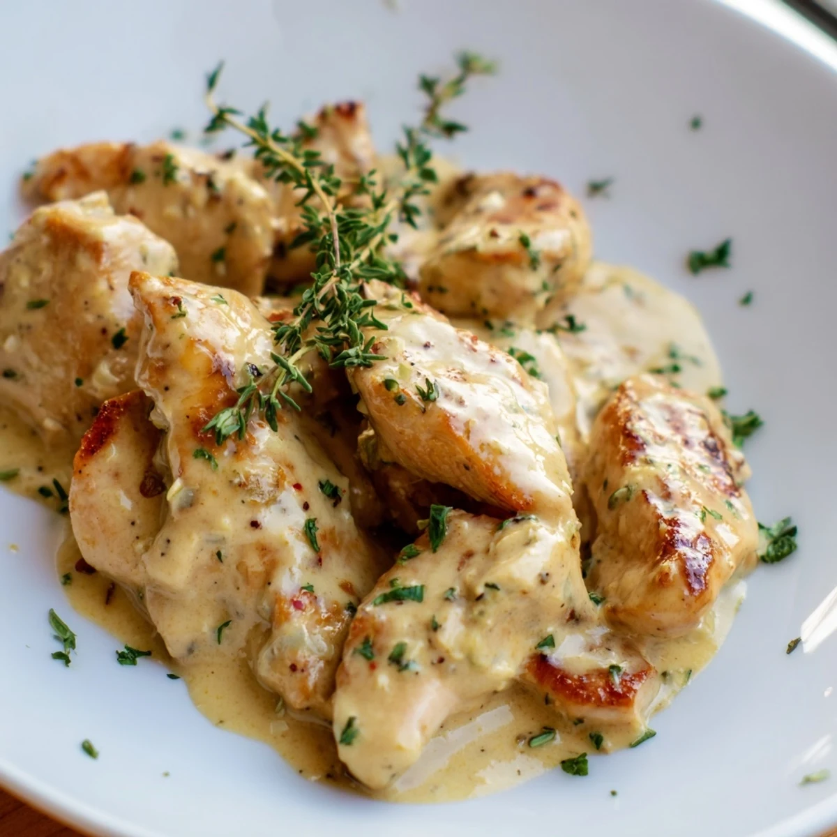 Tender French Mustard Chicken simmered in rich white wine and cream sauce with thyme