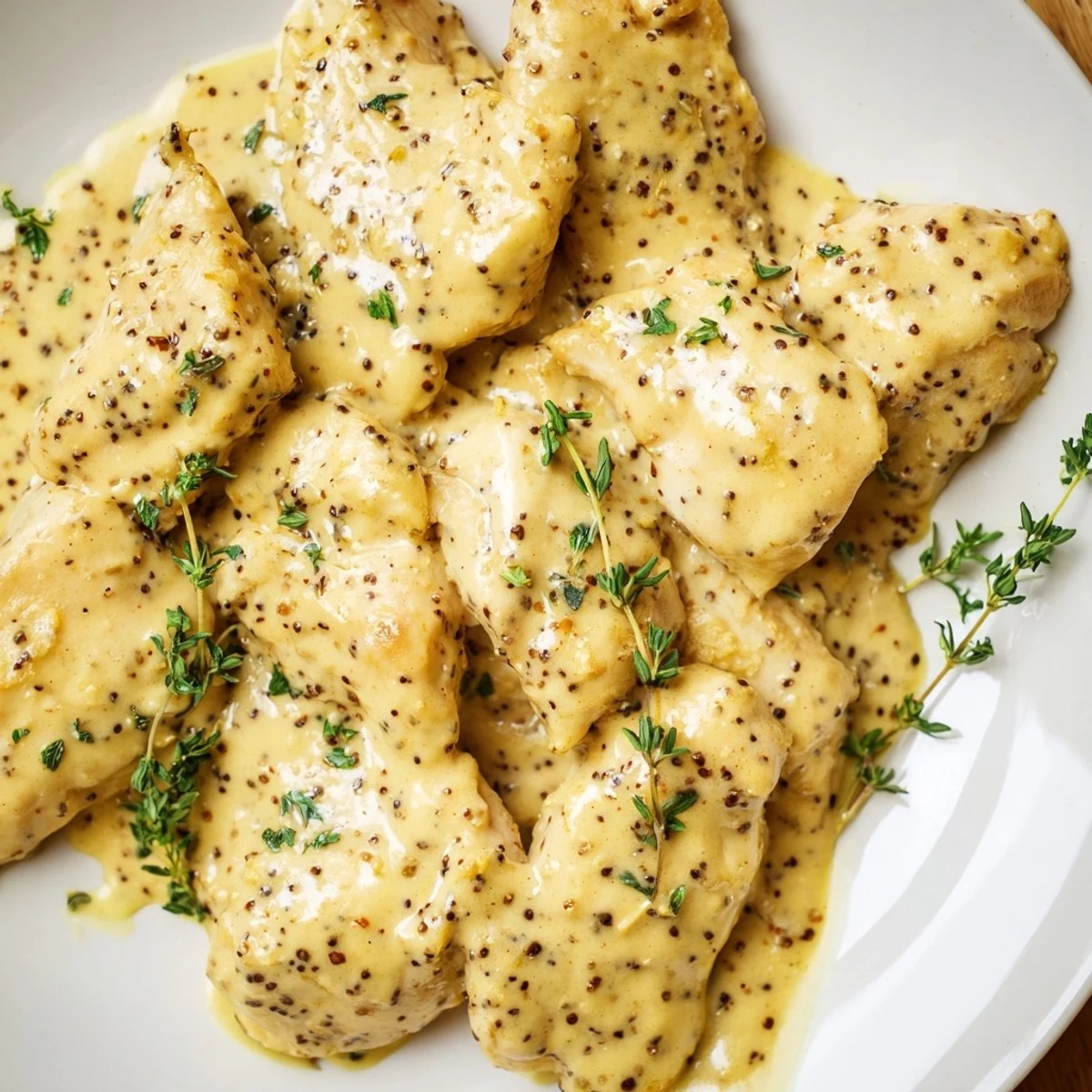 Savory chicken in luscious grainy mustard sauce served over mashed potatoes with fresh herbs