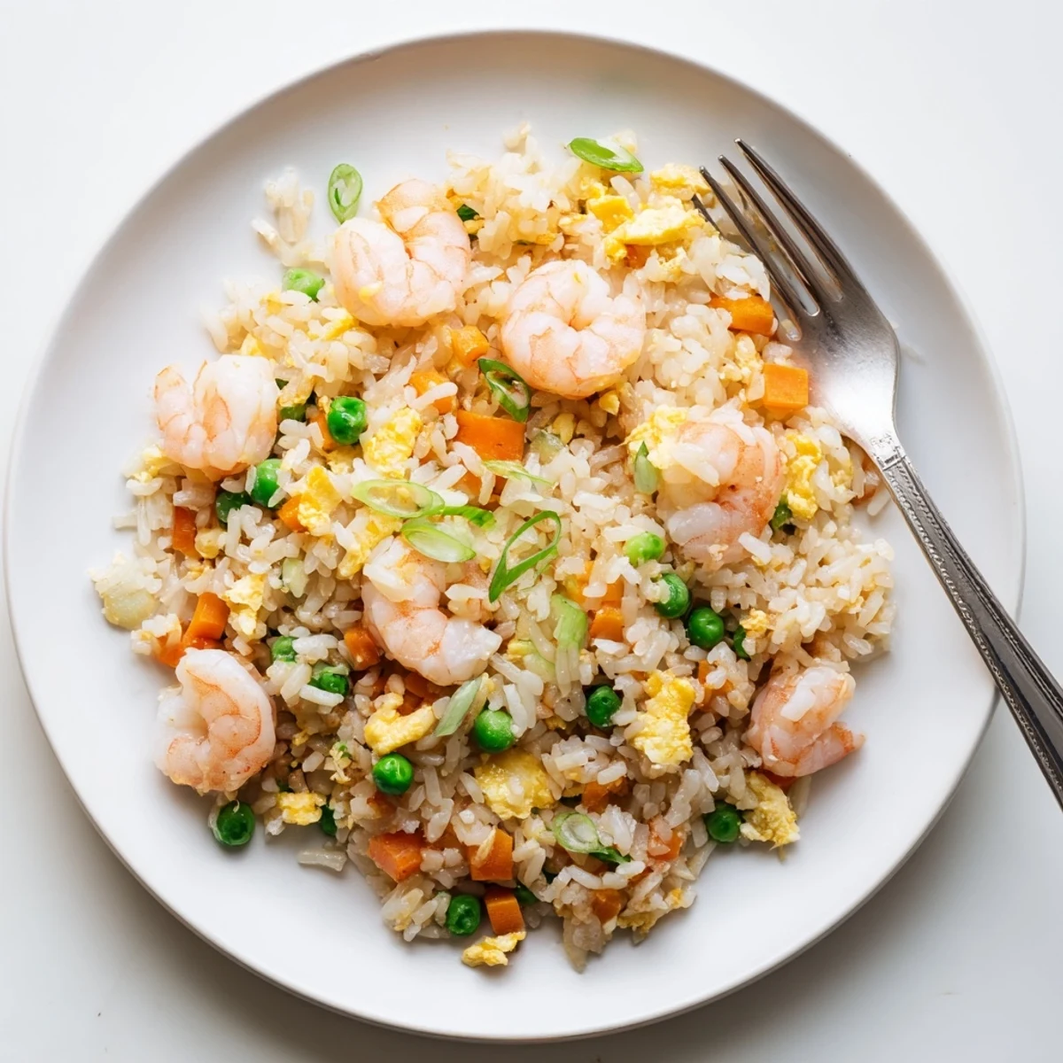 Golden plate of authentic shrimp fried rice topped with vibrant green onions and colorful vegetables