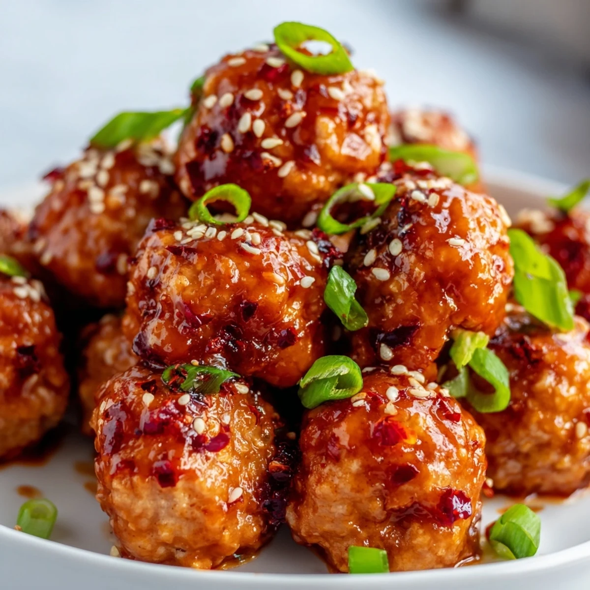 Golden firecracker chicken meatballs glazed in spicy sweet sauce with sesame seeds and green onions