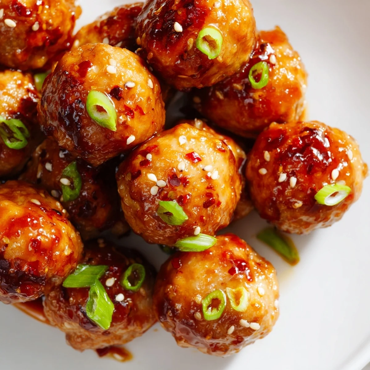 Juicy baked chicken meatballs coated in tangy firecracker sauce served over steamed white rice