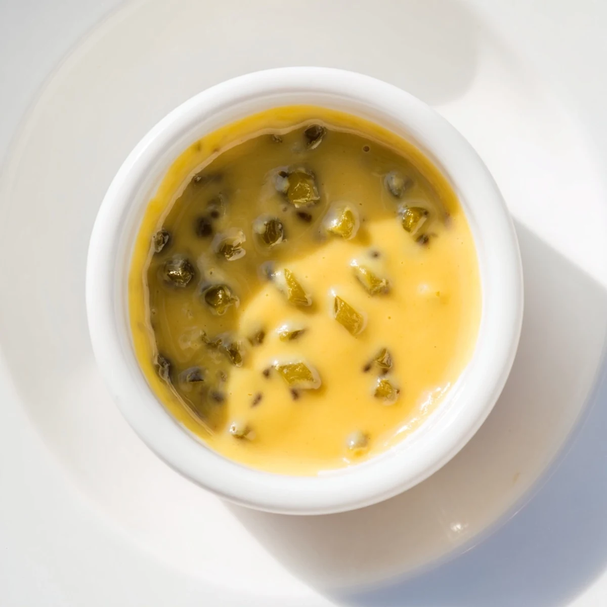 Spoonful of spicy jalapeño honey mustard sauce dripping slowly against a dark background