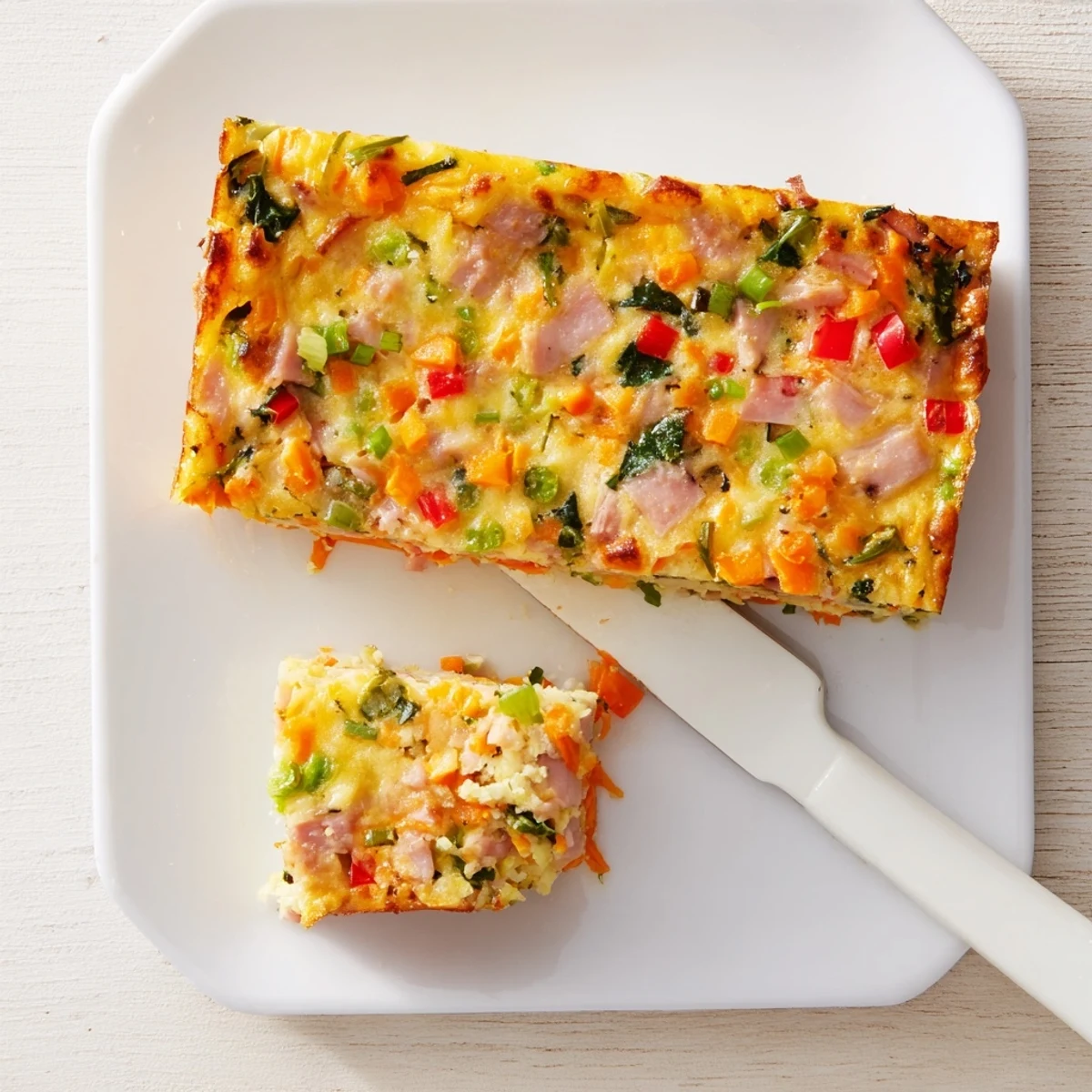 Golden vegetable and ham slice with colorful diced vegetables and melted cheddar cheese