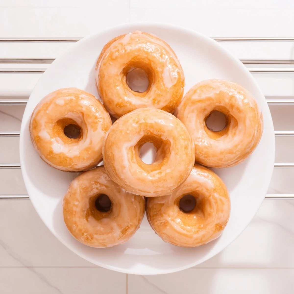 Baked maple pumpkin mochi donuts with glossy maple glaze on white serving plate