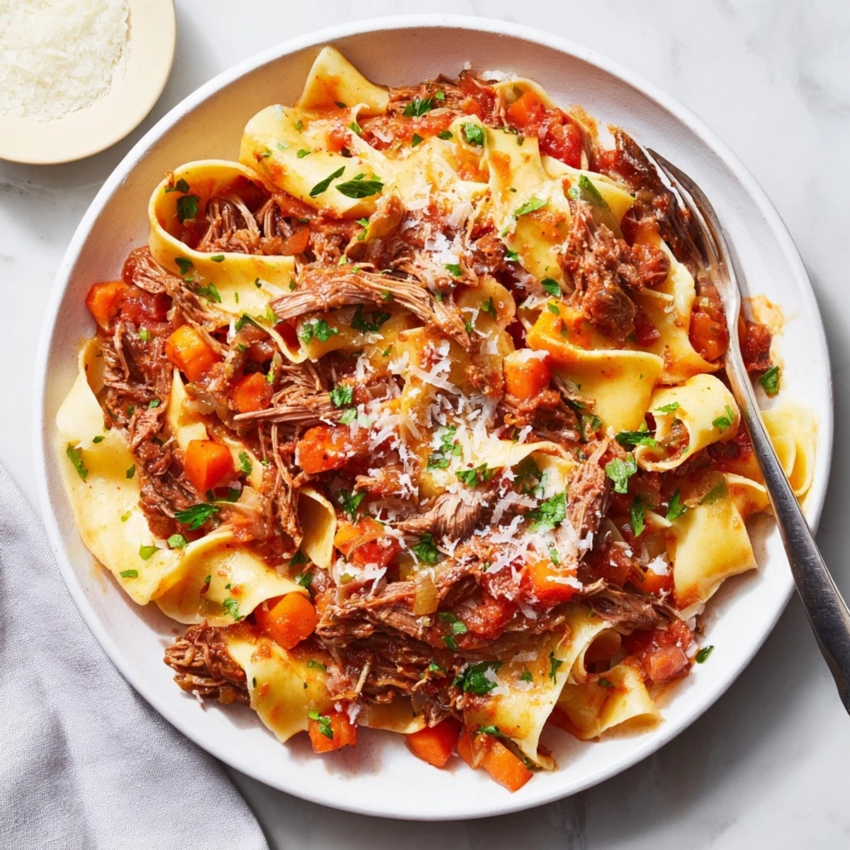 Golden pappardelle pasta topped with slow cooked lamb ragu featuring tender shredded meat in rich tomato red wine sauce