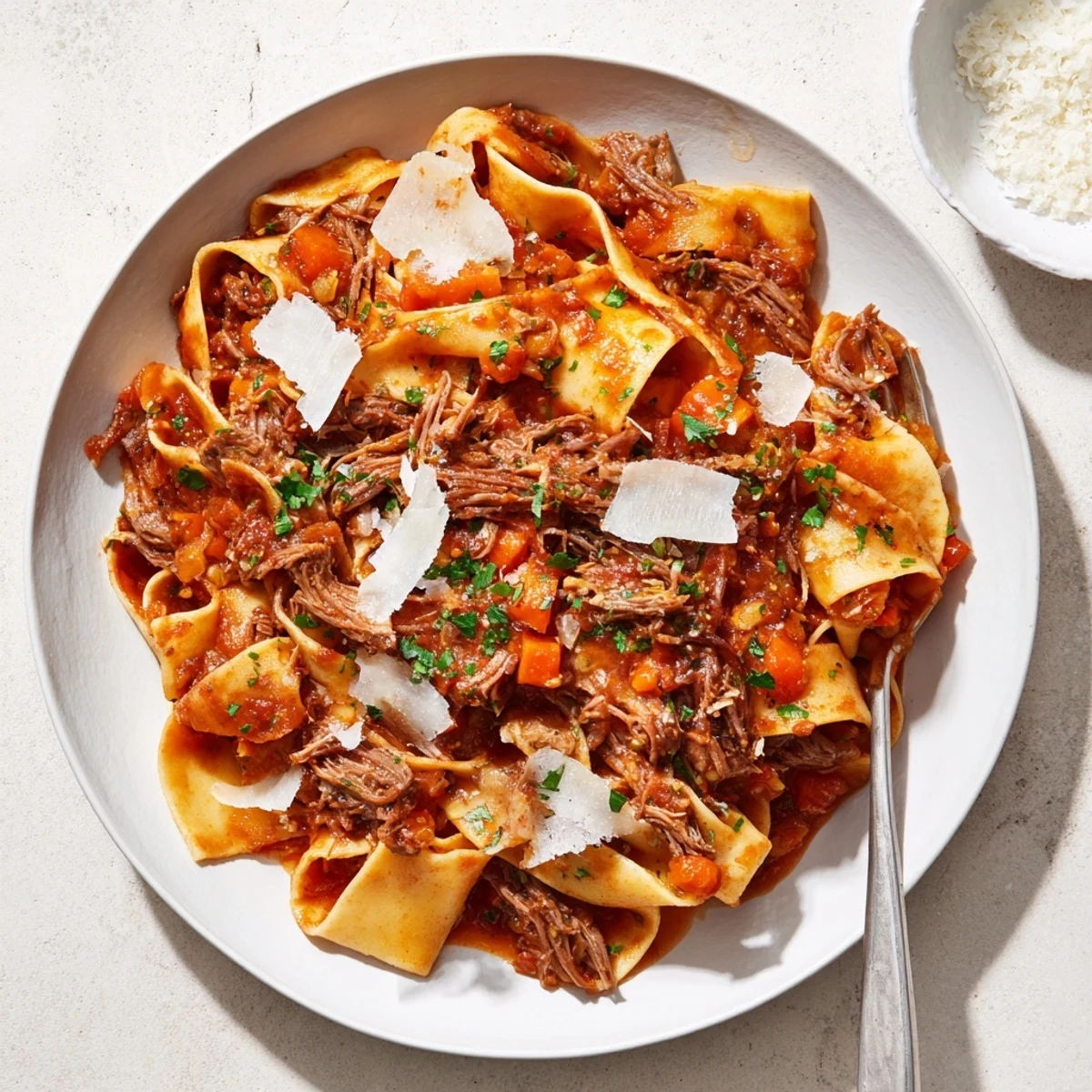 Bowl of slow cooked lamb ragu with pappardelle showcasing velvety tomato sauce coating each ribbon of al dente pasta