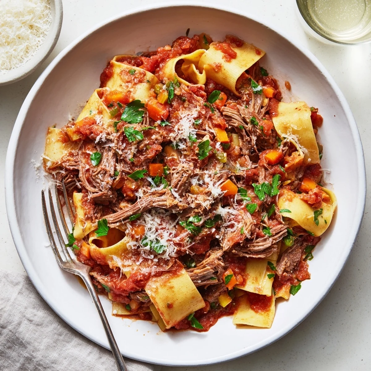Wide egg pappardelle noodles tossed with slow cooked lamb ragu, garnished with grated Parmigiano-Reggiano and fresh parsley