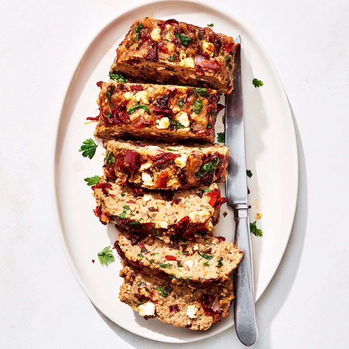 Golden Mediterranean turkey meatloaf sliced to reveal feta cheese and sun-dried tomato pieces