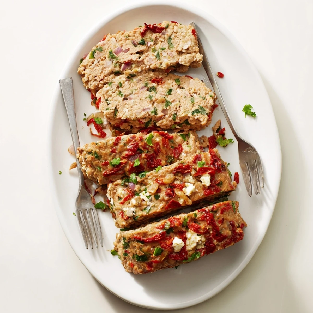 Juicy turkey meatloaf seasoned with Greek herbs and garnished with fresh parsley sprigs