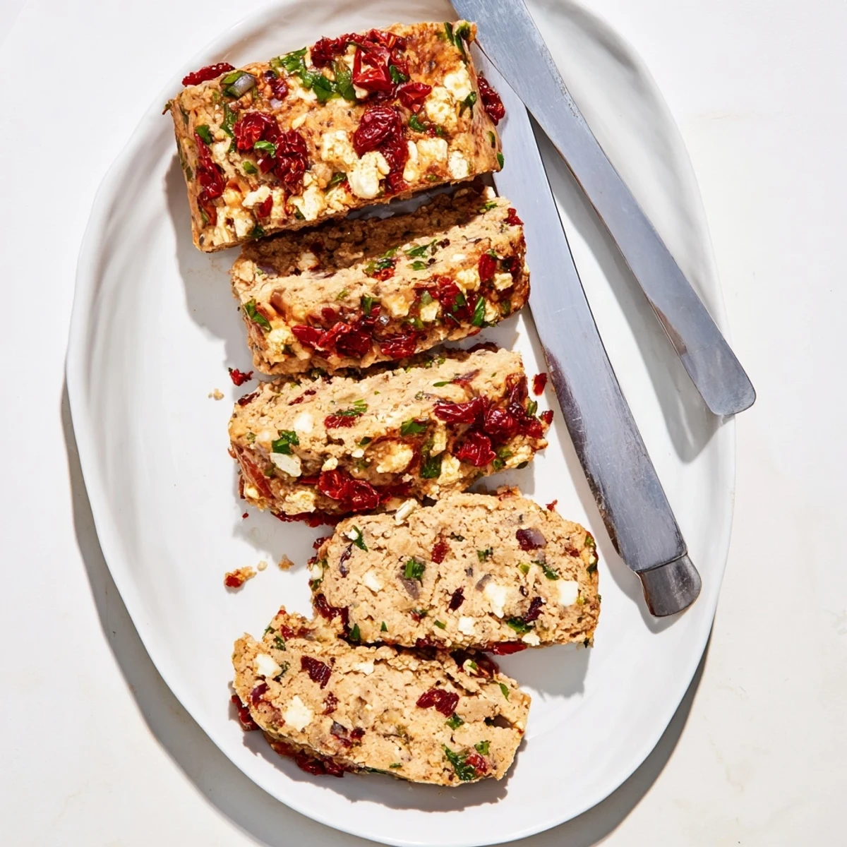 Oven-baked Mediterranean turkey meatloaf served on a white platter with roasted red peppers