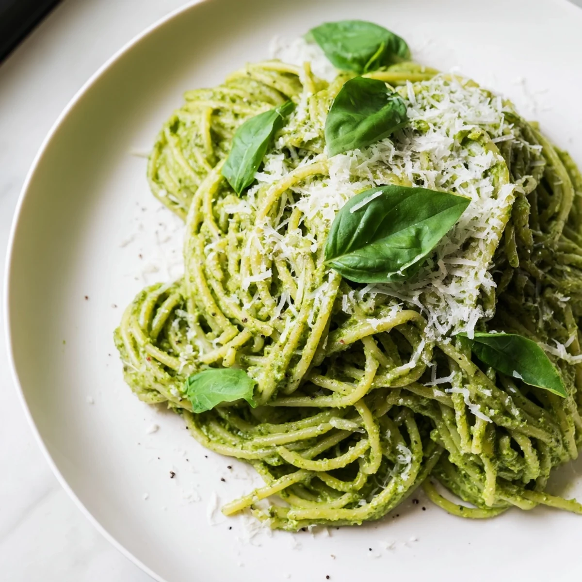 Plate of avocado spinach and basil pesto with spaghetti garnished with fresh basil leaves and cracked black pepper