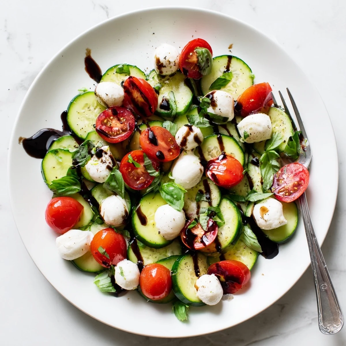 Easy cucumber Caprese salad with fresh tomatoes, mozzarella balls, and basil drizzled with balsamic glaze