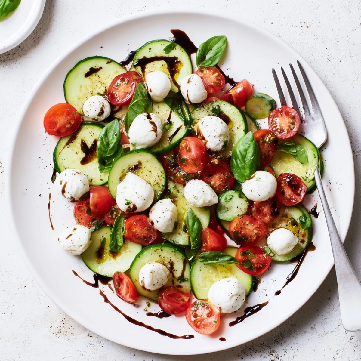 Vibrant Italian cucumber Caprese salad featuring crisp cucumber slices, juicy cherry tomatoes, and creamy mozzarella