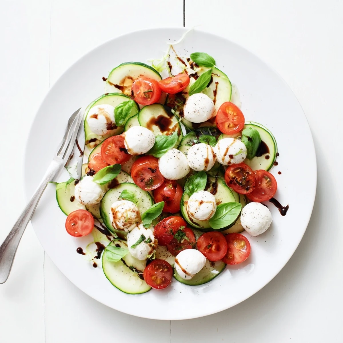 Summer side dish of easy cucumber Caprese salad topped with basil and olive oil dressing