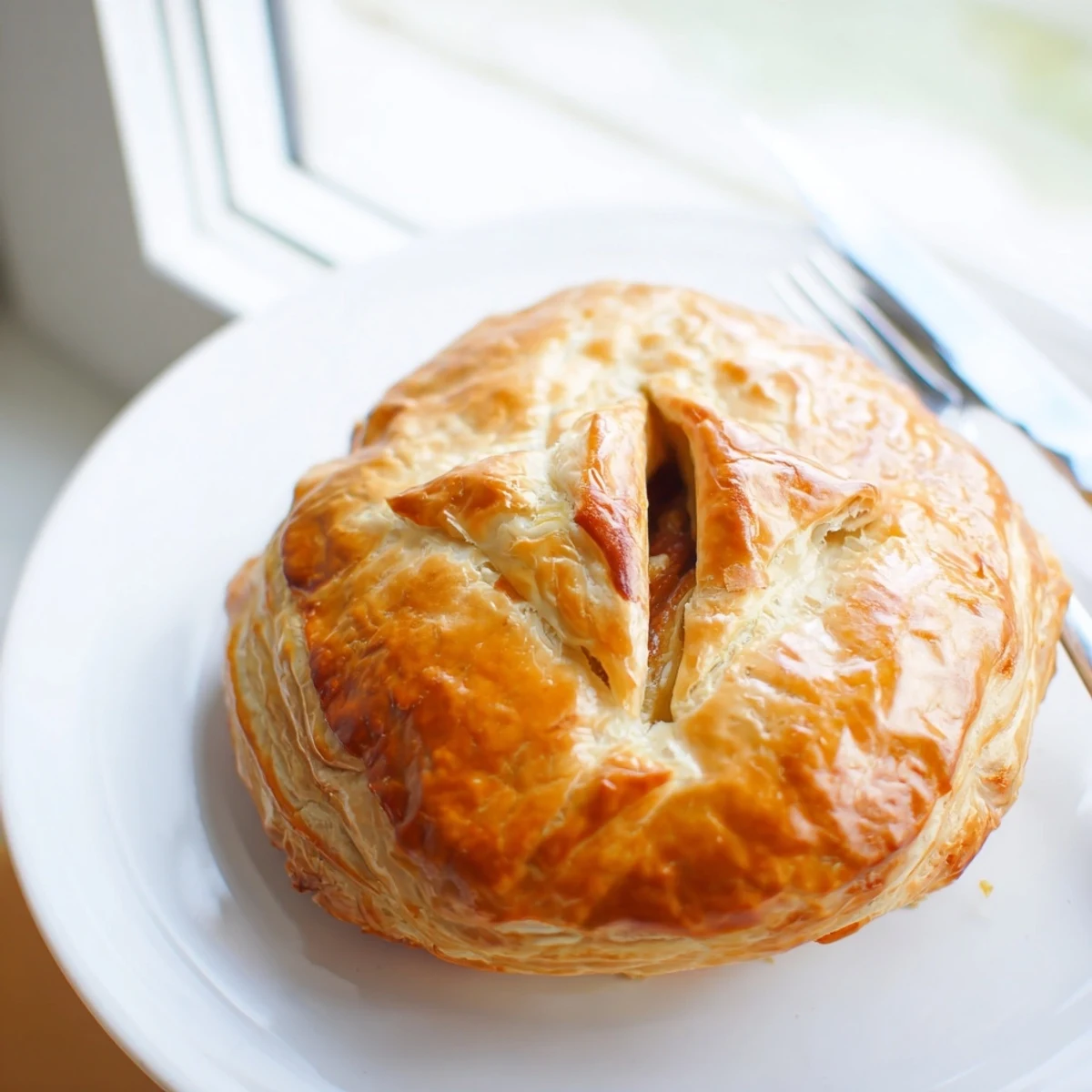 Golden chicken ricotta and herb pie with flaky pastry crust fresh from oven