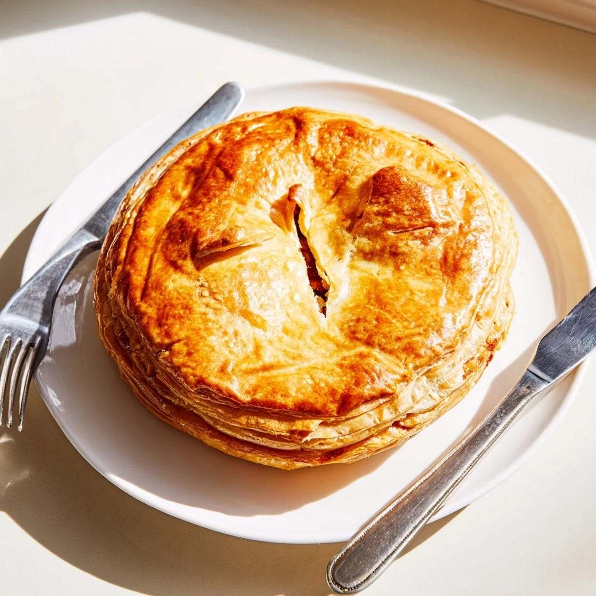Bubbling golden chicken ricotta and herb pie served on rustic wooden cutting board