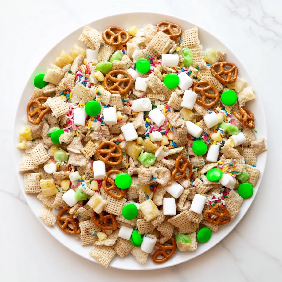 Colorful Leprechaun Bait snack mix with green candies, white chocolate drizzle, and rainbow sprinkles on a white platter