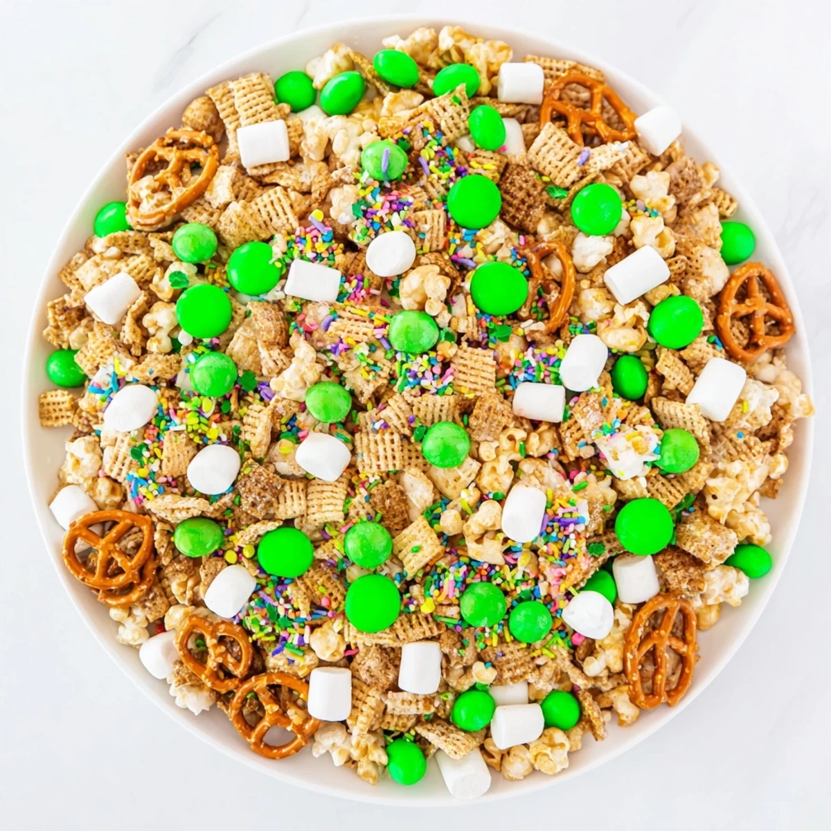 Festive St. Patrick's Day Leprechaun Bait featuring pretzels, cereal, and marshmallows coated in melted white chocolate