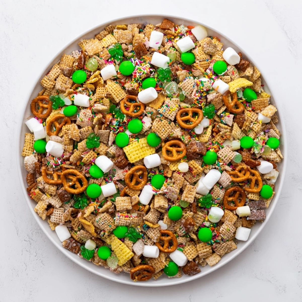 Close-up of crunchy Leprechaun Bait trail mix with colorful M&Ms, popcorn clusters, and sparkling rainbow decorations