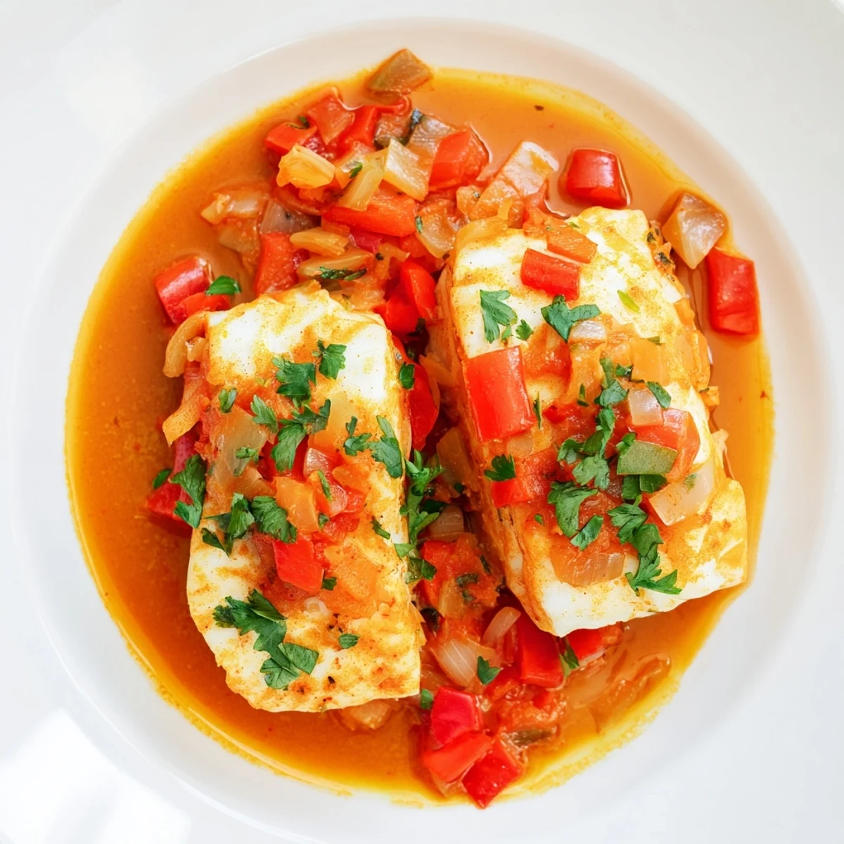Flaky white fish simmering gently in spiced tomato sauce with vibrant red peppers