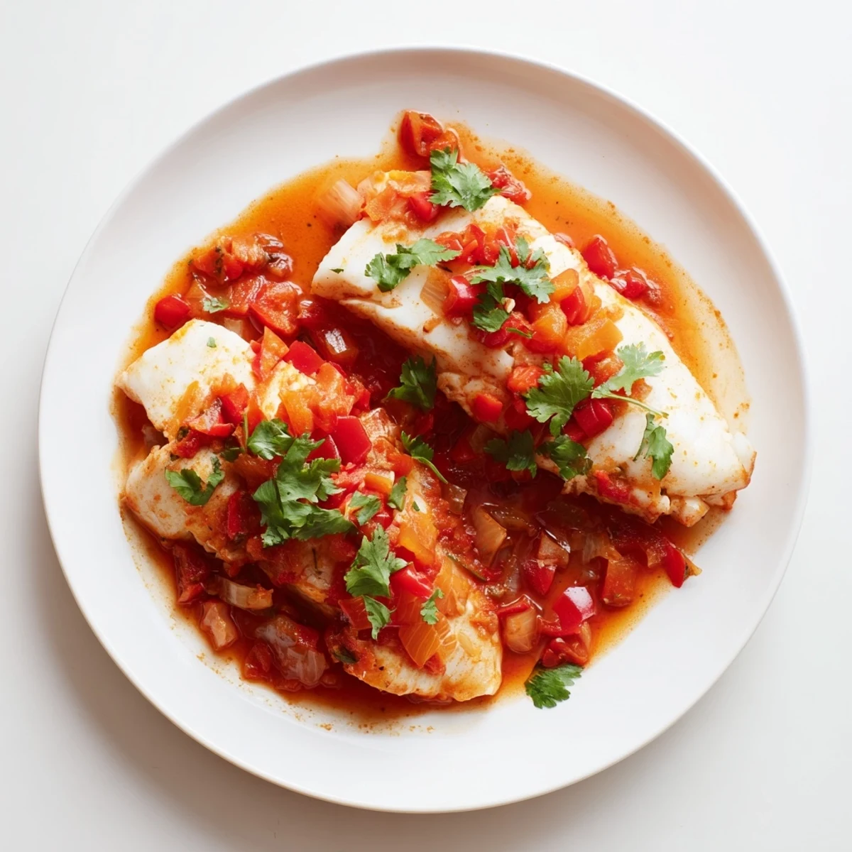 GoldenGolden seared fish fillets nestled in rich Moroccan tomato sauce with fresh herbs