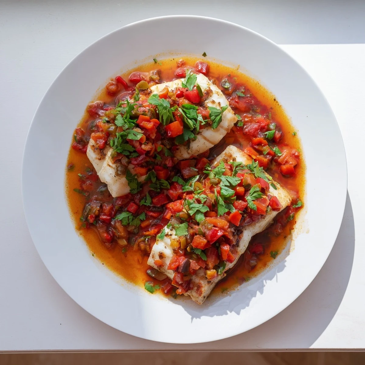 Moroccan braised fish served steaming hot with fresh cilantro garnish over deep red sauce