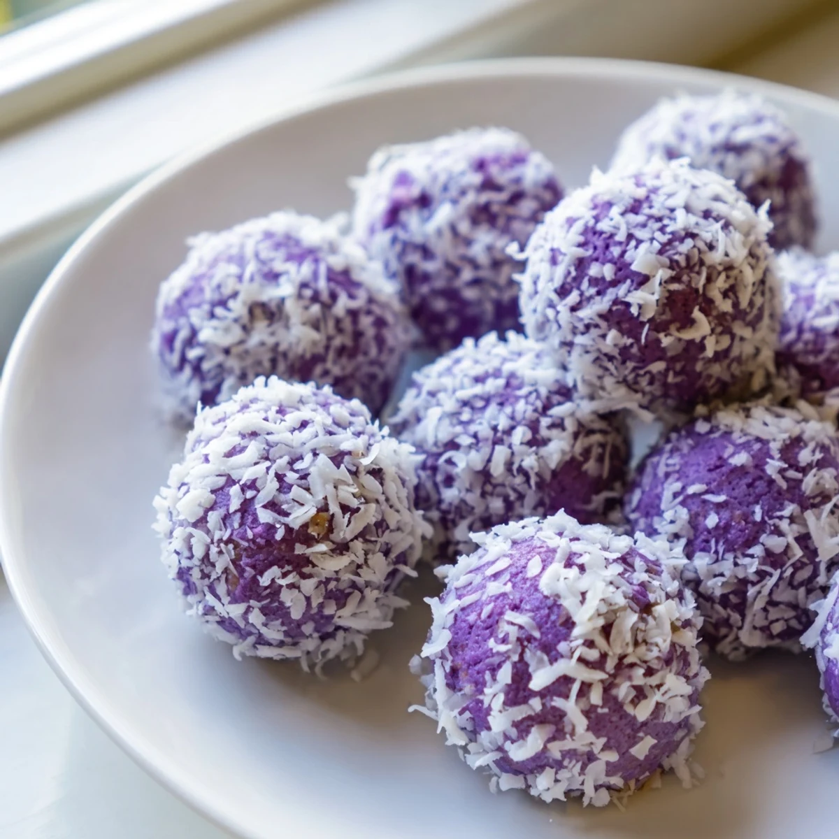Stack of tender coconut ube besito cookies featuring flecks of sweetened coconut throughout
