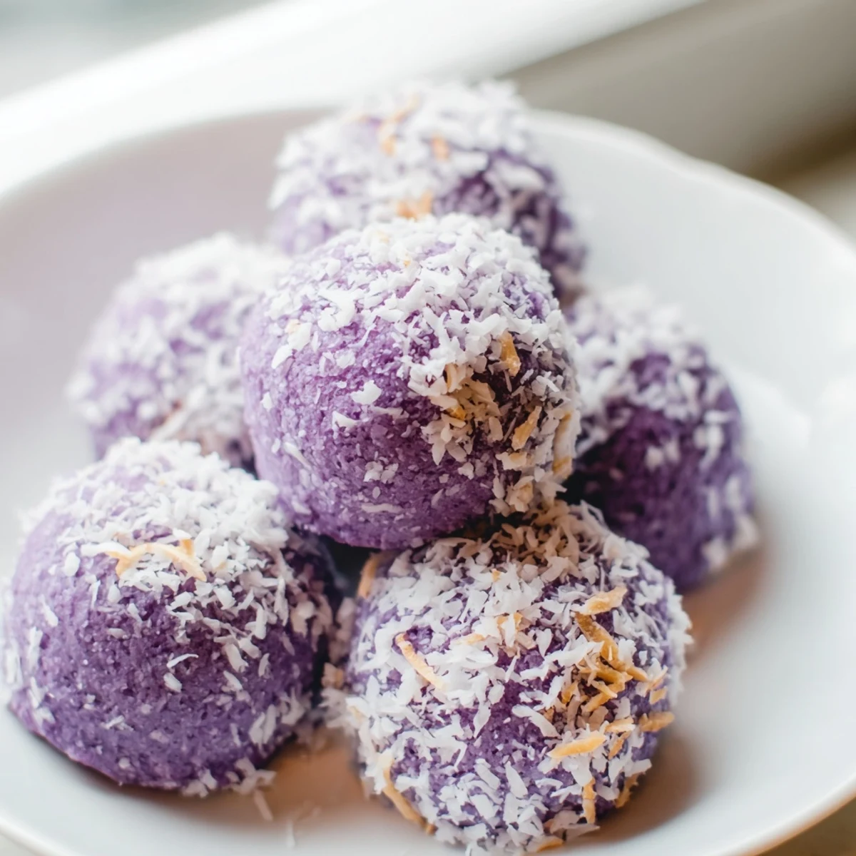 Freshly baked coconut ube besito cookies cooling on wire rack with light golden bottoms