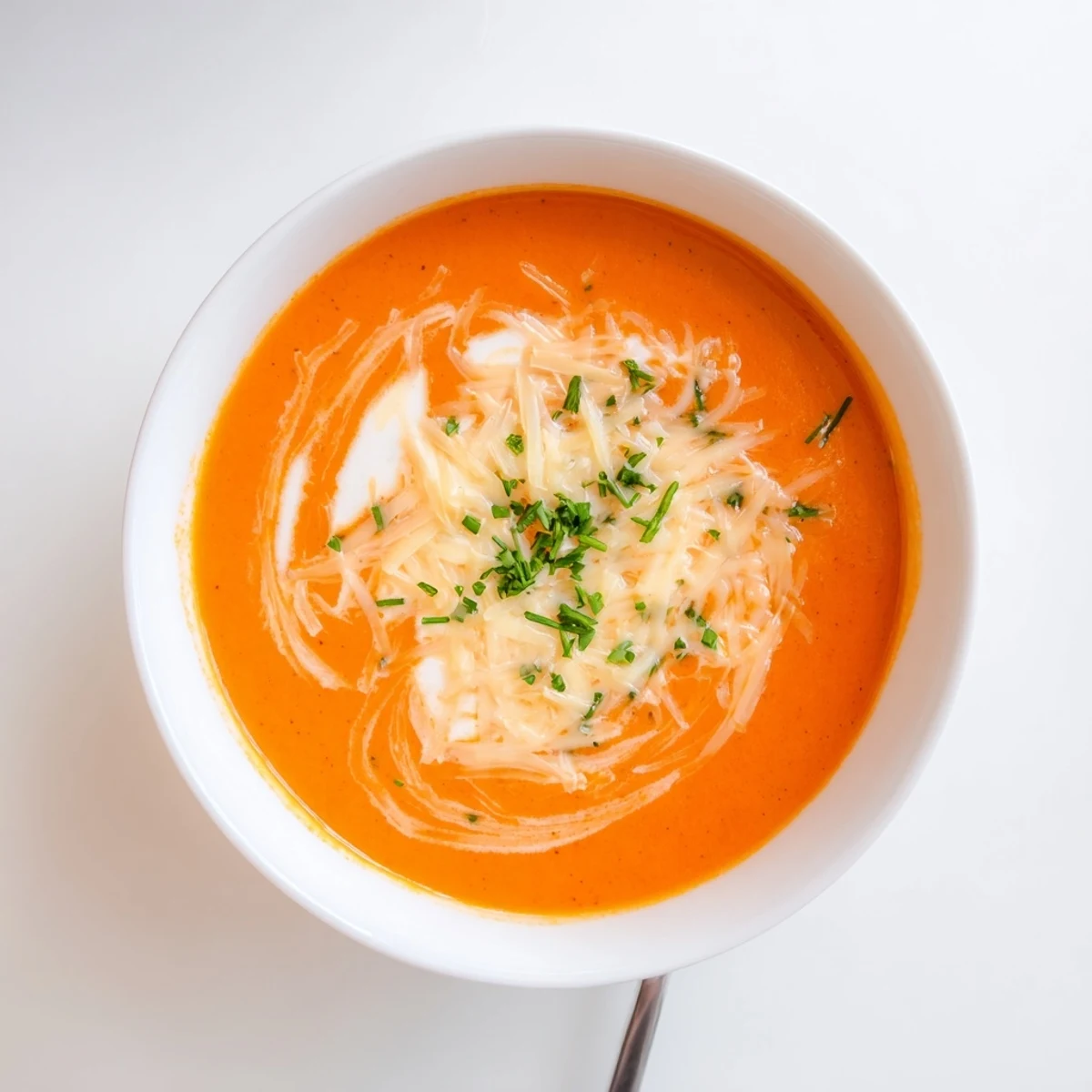 Creamy roasted red pepper Gouda soup garnished with fresh chives and shredded cheese