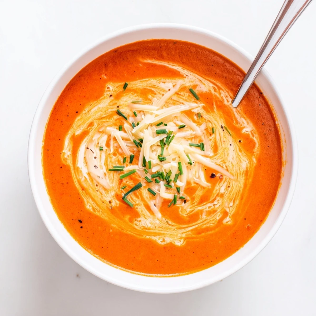 Velvety smooth roasted red pepper Gouda soup served in white bowl with crusty bread