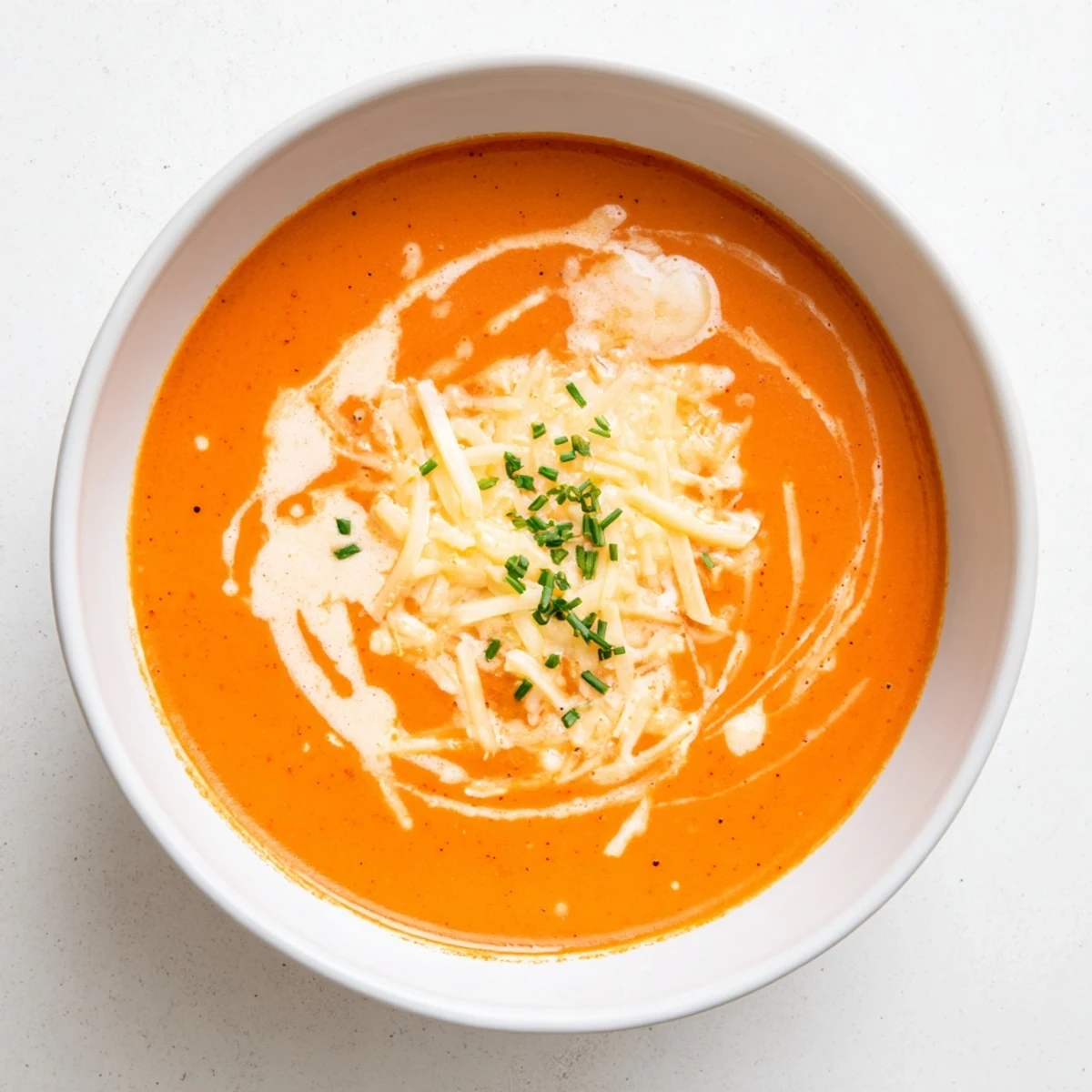 Rich roasted red pepper and smoked Gouda soup sprinkled with parsley and extra cheese