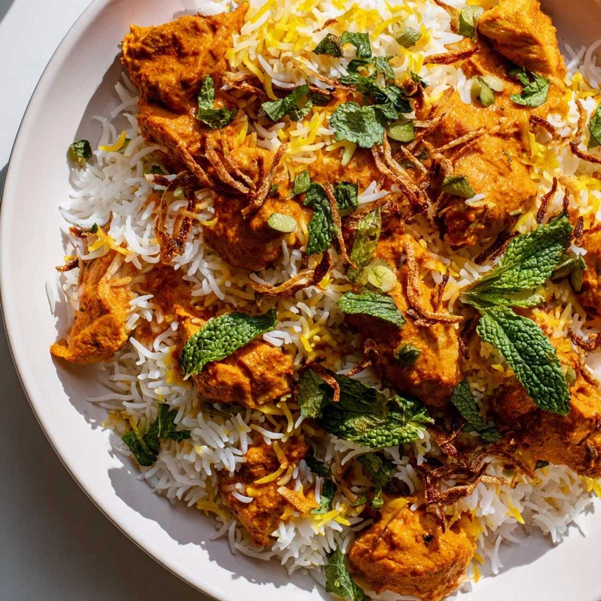 Fragrant butter chicken biryani layered with aromatic basmati rice, golden saffron, and fresh cilantro garnish