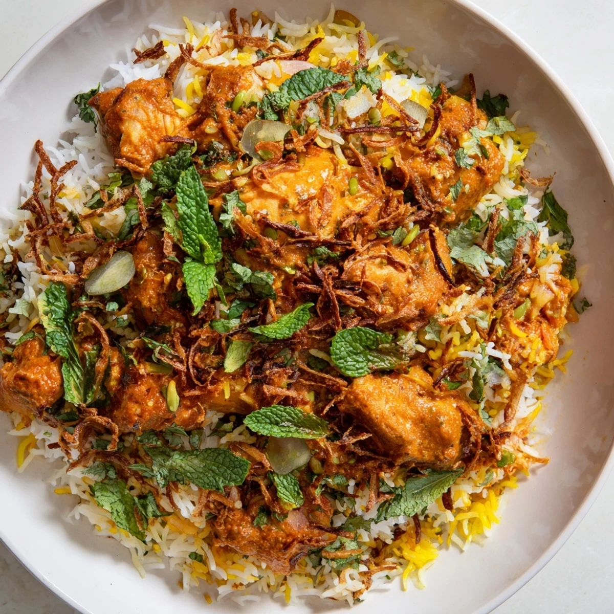 Luxurious butter chicken biryani topped with fried onions and mint, served in a colorful Dutch oven