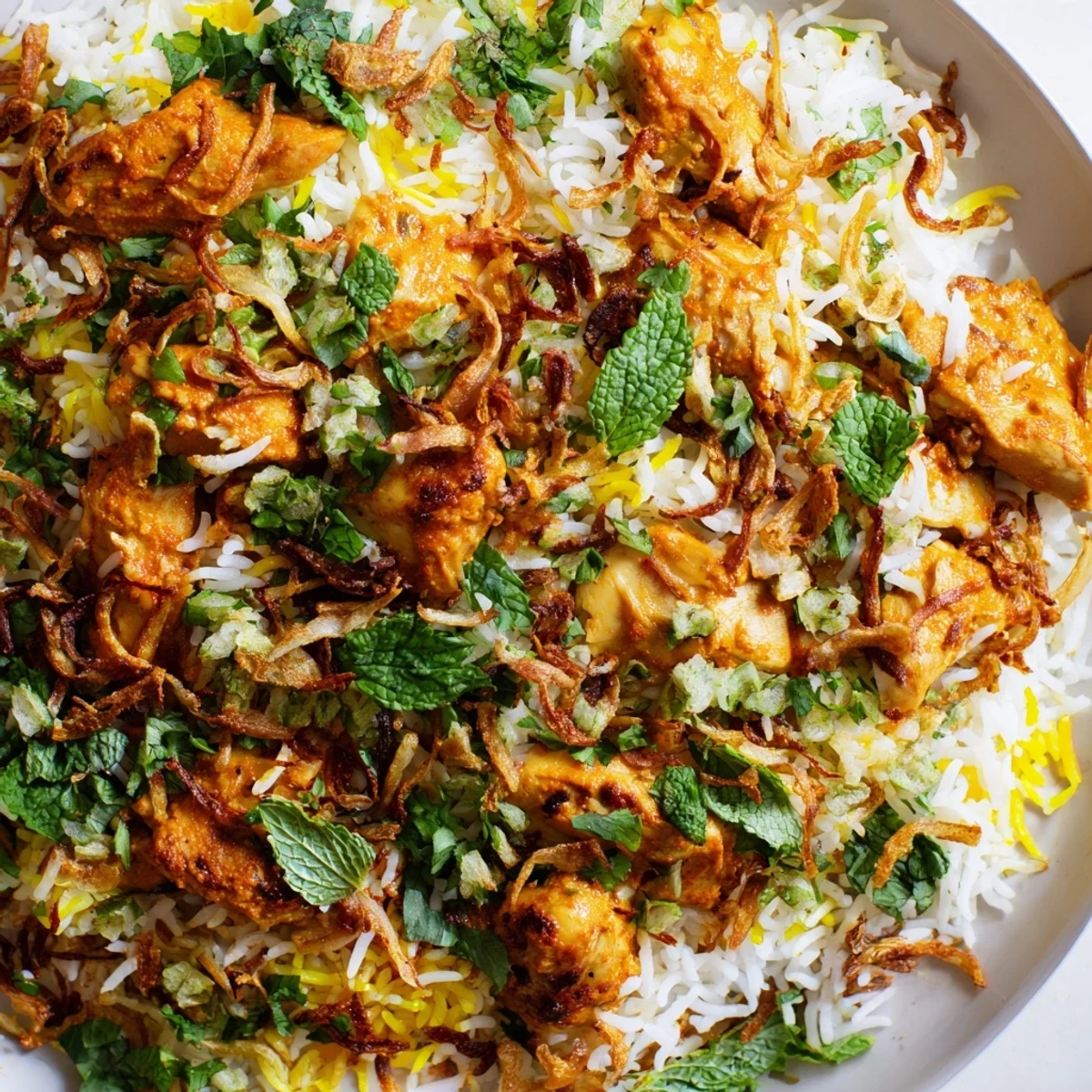 Steaming pot of butter chicken biryani showcasing tender chicken pieces spiced with garam masala and cream