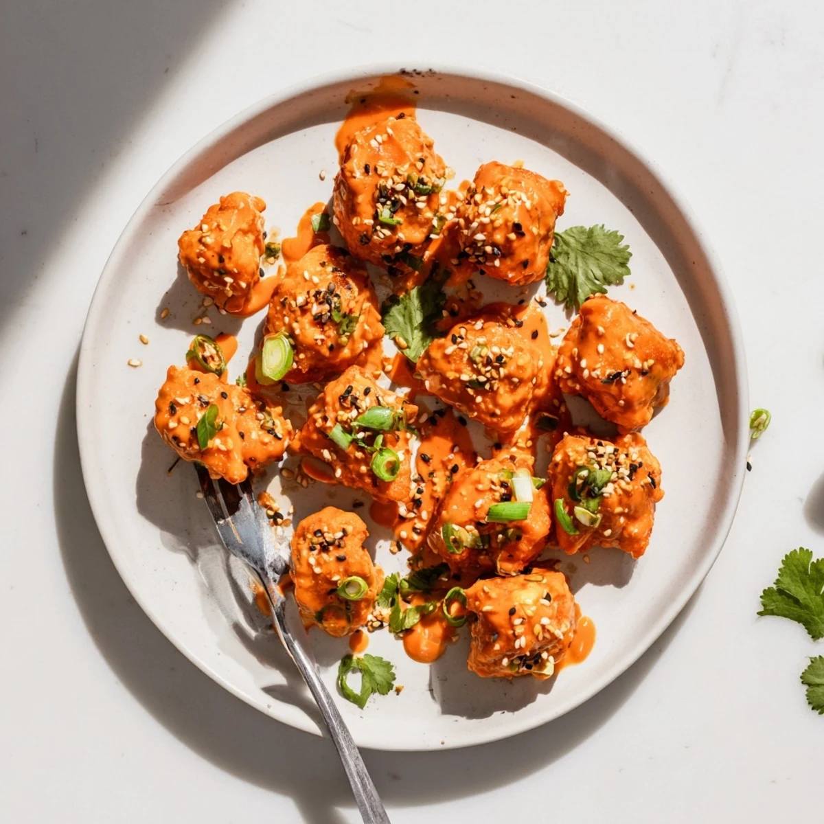 Golden crispy Spicy Bang Bang Chicken pieces coated in creamy red sauce and garnished with scallions