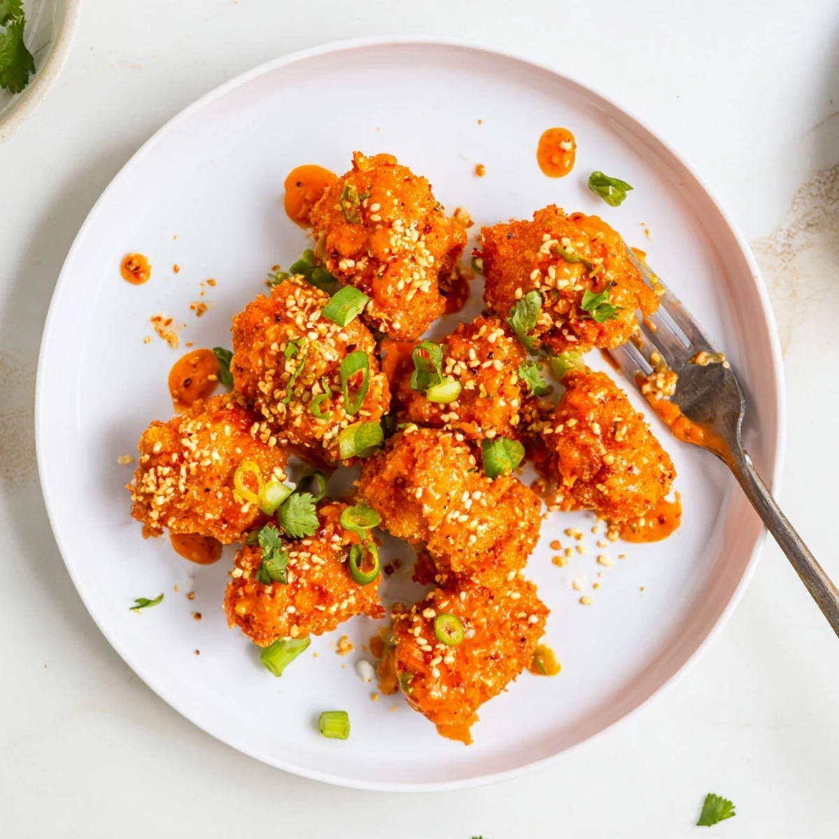 Crispy fried chicken tossed in Spicy Bang Bang sauce served on white plate with fresh herbs