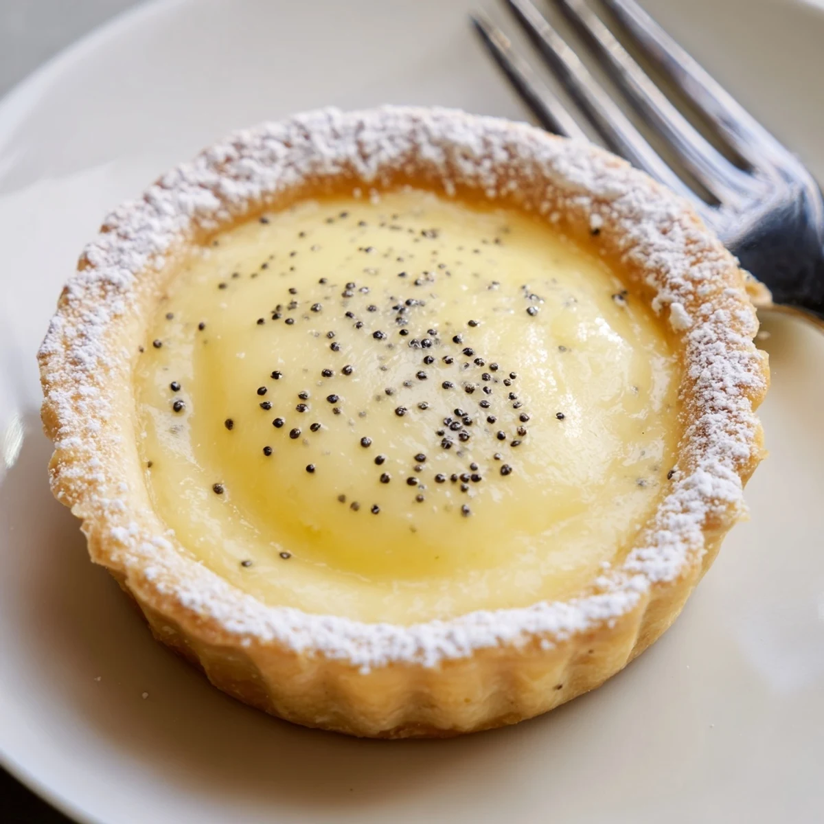 Silky vanilla bean tart featuring glossy cream in a crisp buttery crust