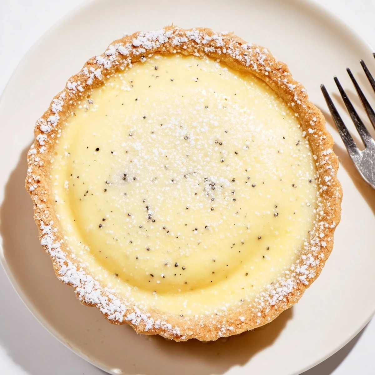 Elegant French vanilla bean pastry cream tart dusted with powdered sugar