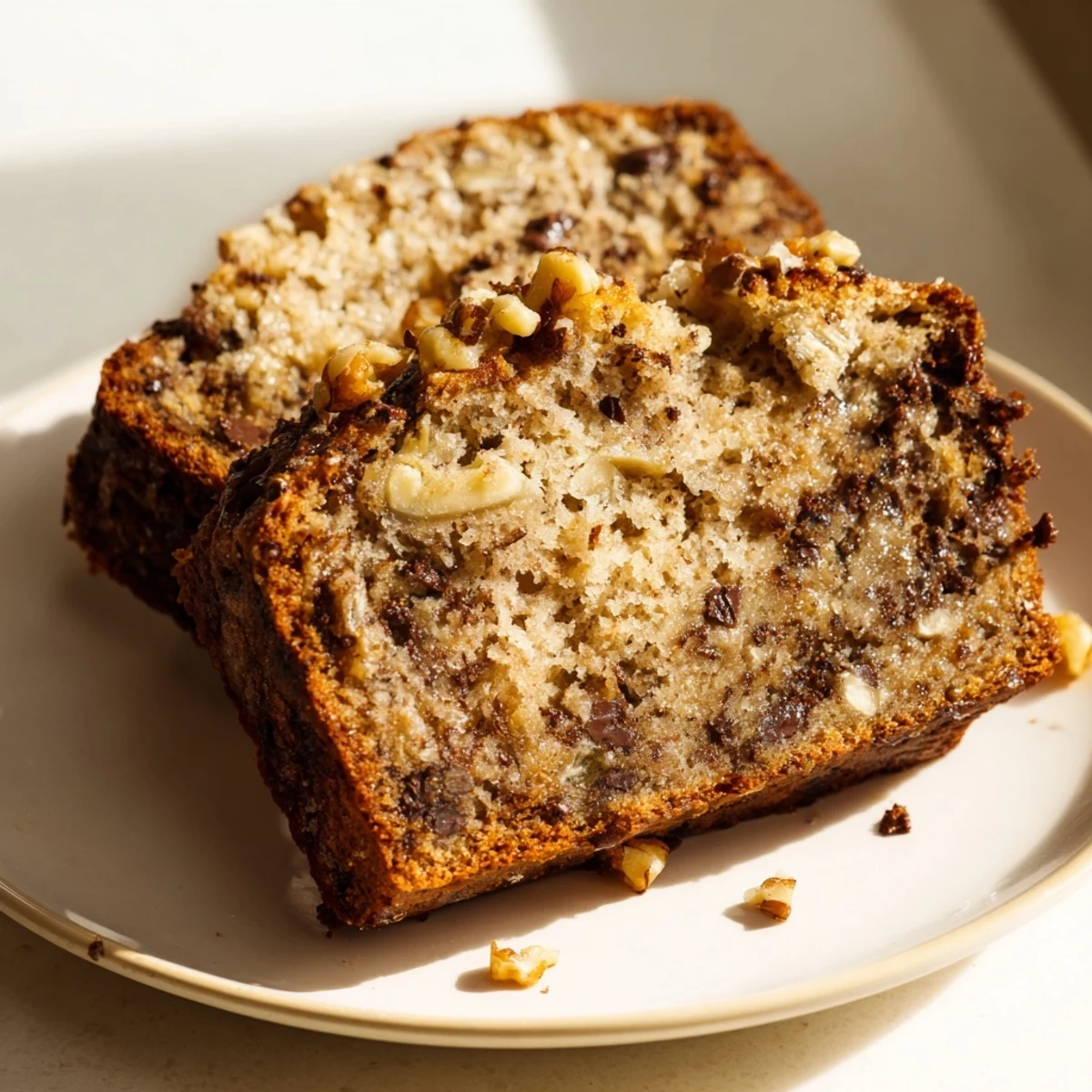 Golden moist banana bread with sour cream sliced on a wooden cutting board