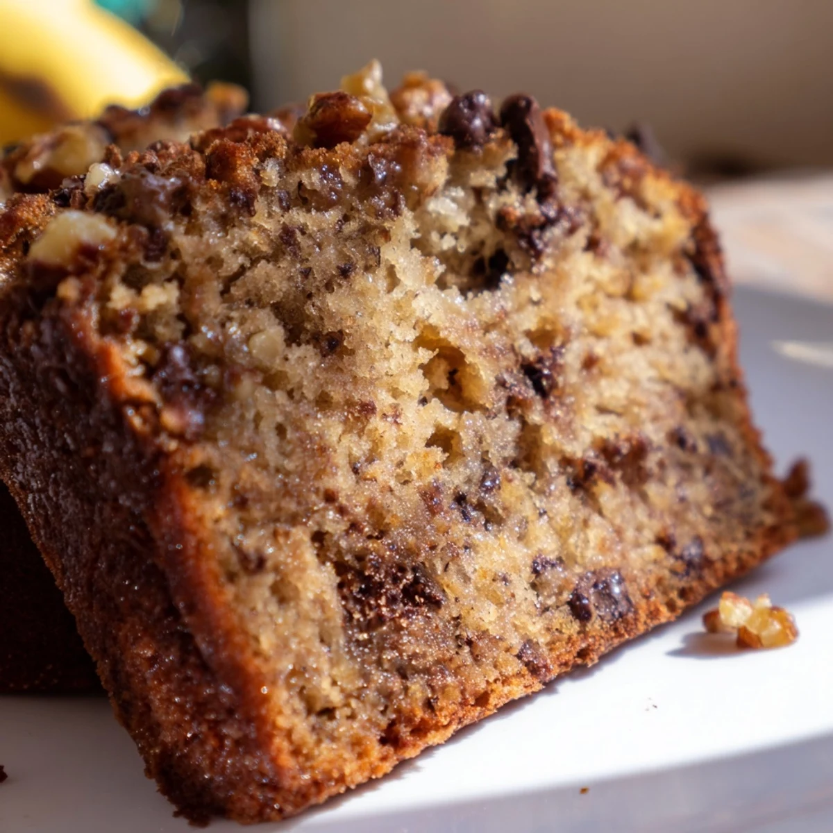 Freshly baked moist banana bread loaf featuring sour cream and caramelized edges