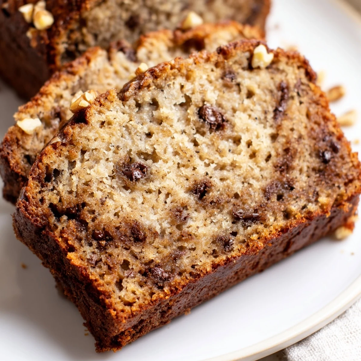 Slice of tender moist banana bread made with sour cream on white plate