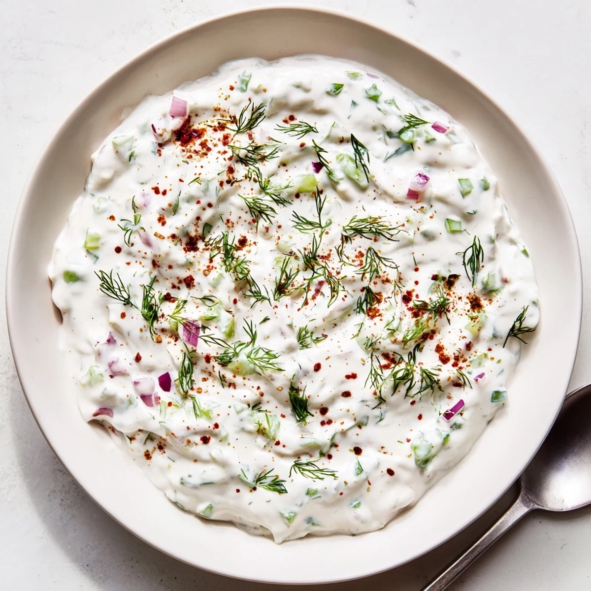 Creamy spicy dill pickle burger sauce in a small white bowl with chopped pickles visible