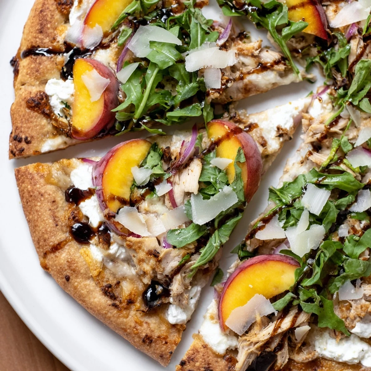 Golden chicken peach ricotta pizza topped with fresh arugula and drizzled with balsamic glaze on a crispy crust