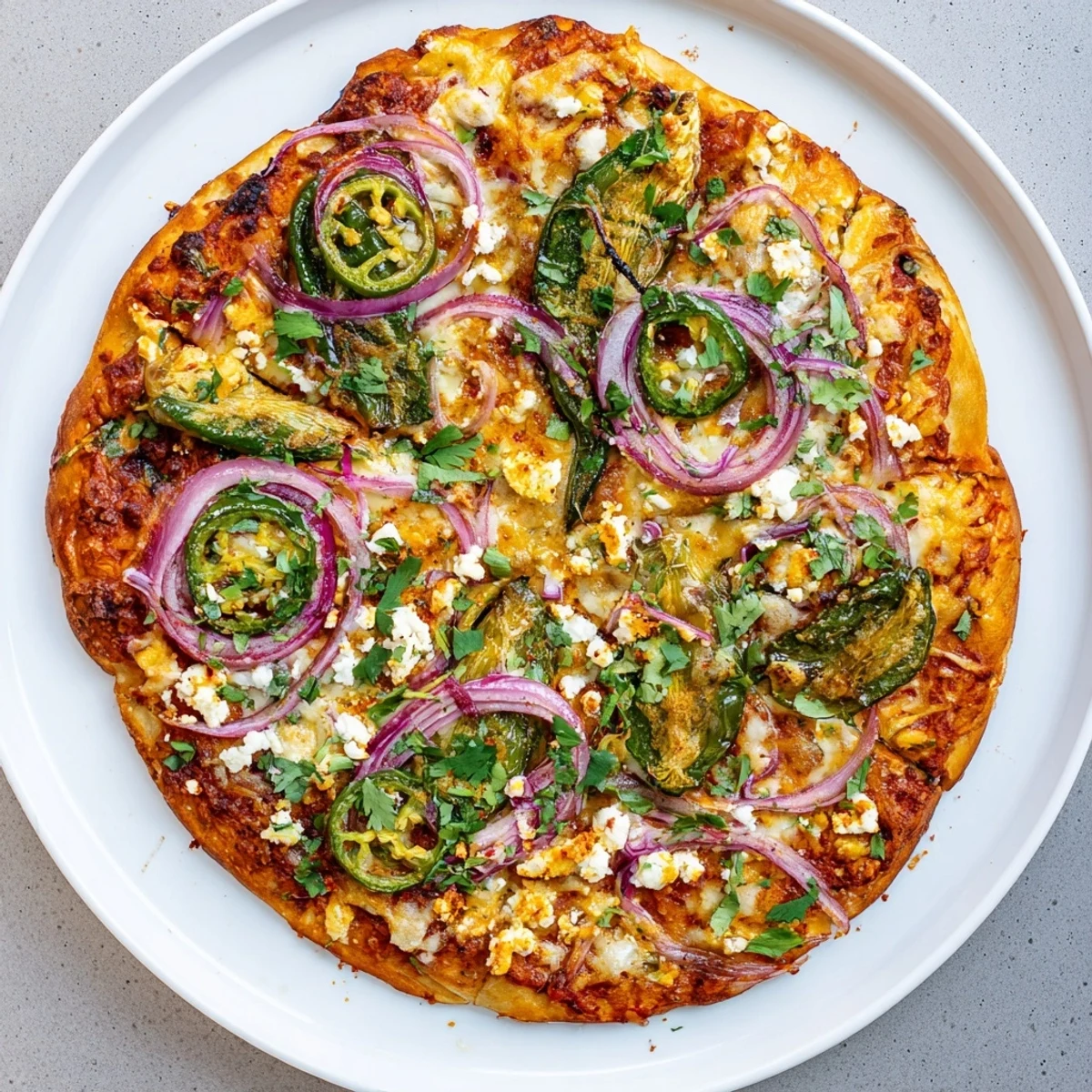 Golden crust poblano pizza topped with roasted peppers, melted mozzarella, and fresh cilantro garnish