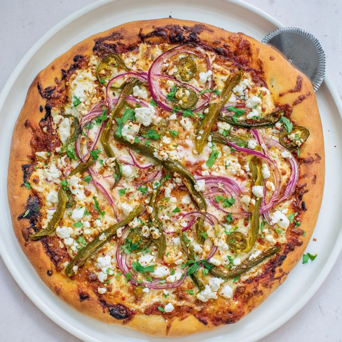 Vibrant Mexican-Italian fusion pizza featuring charred poblano strips, queso fresco, and zesty tomato sauce