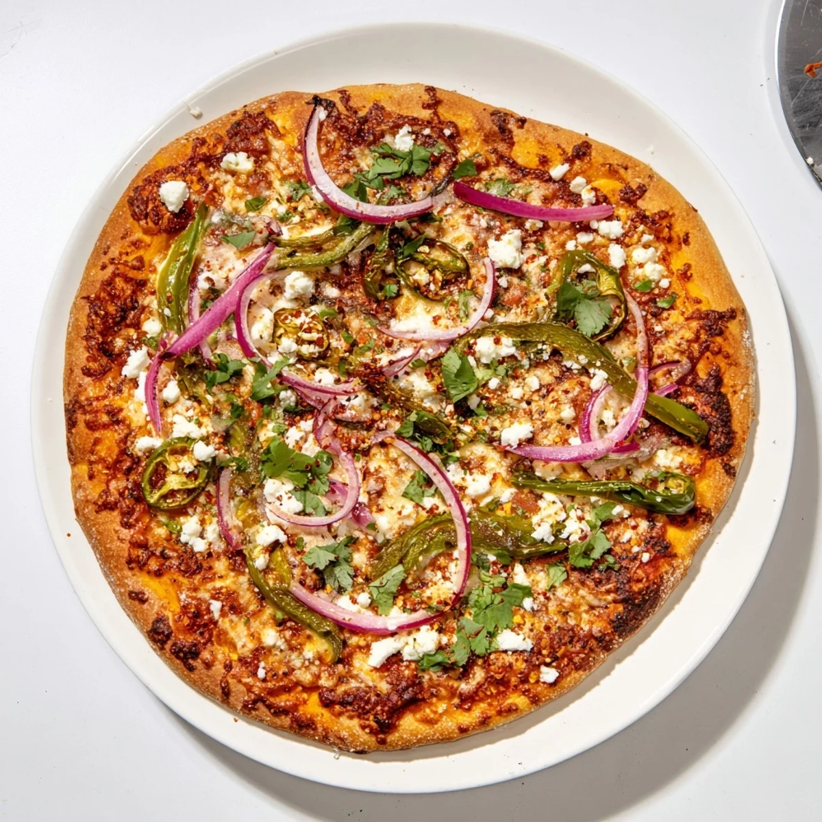 Homemade poblano pizza with bubbling cheese, sliced red onions, and spicy jalapeño toppings