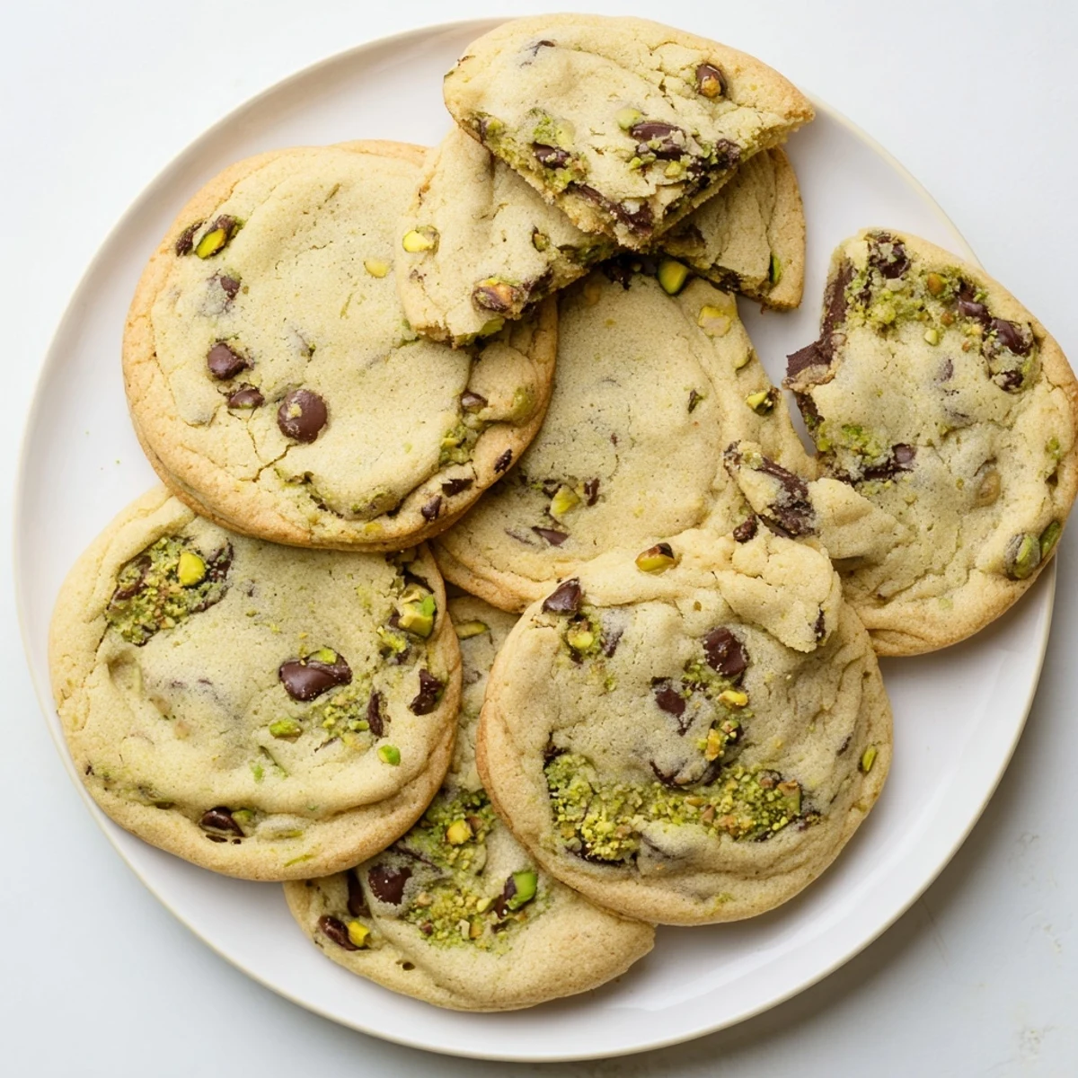 Soft pistachio cream chocolate chip cookies with golden edges and melty chocolate chips on a white plate