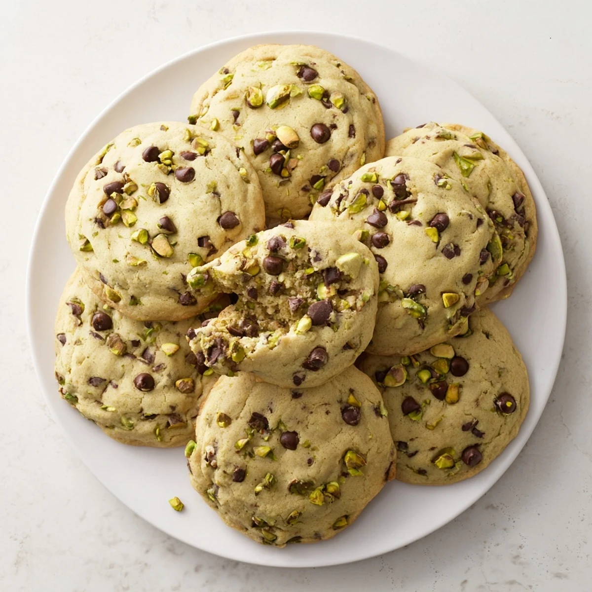Freshly baked pistachio cream chocolate chip cookies stacked high with chopped pistachios visible in the dough